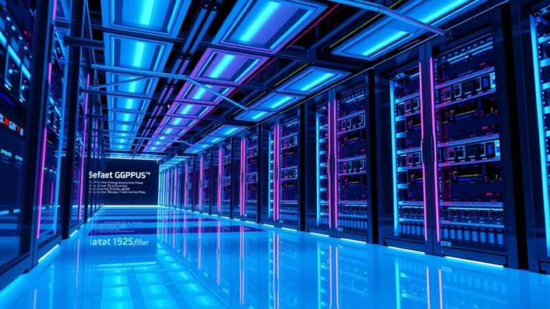 Abstract representation of A.I. computing power with GPUs, featuring a modern data center and vibrant blue tones.