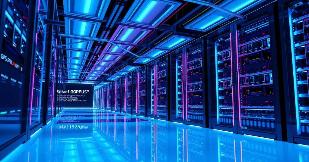 Abstract representation of A.I. computing power with GPUs, featuring a modern data center and vibrant blue tones.