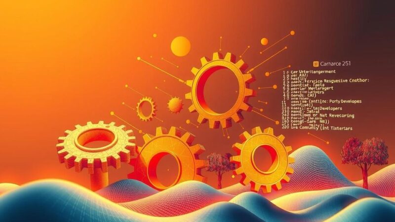 A digital landscape illustrating community and collaboration among software developers in warm colors with a modern art style.
