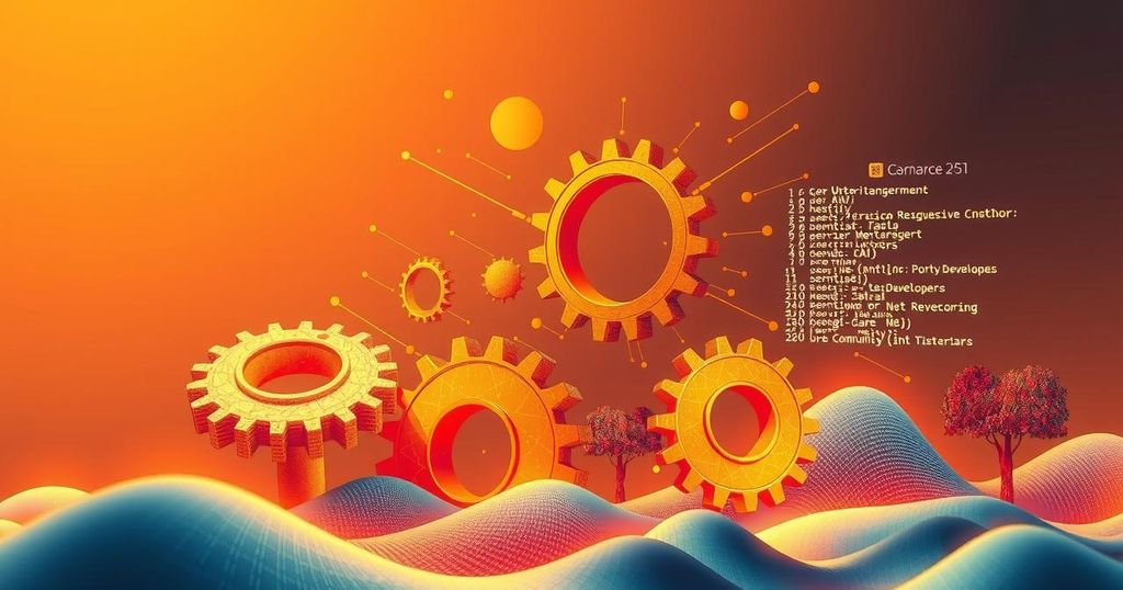 A digital landscape illustrating community and collaboration among software developers in warm colors with a modern art style.