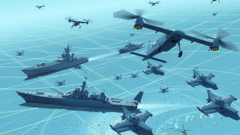 A military scene showing land, sea, and air vehicles in an AI defense trial setting with advanced technology.