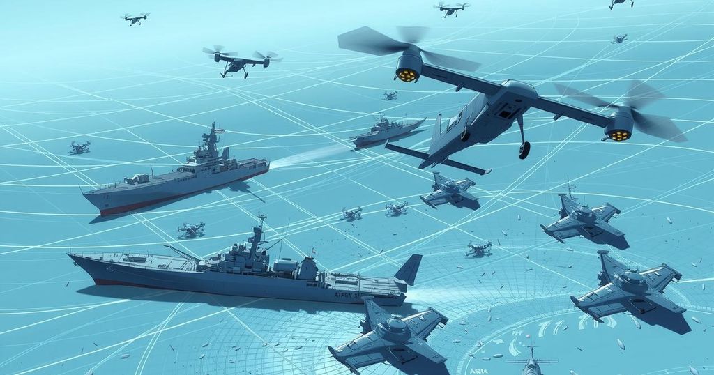 A military scene showing land, sea, and air vehicles in an AI defense trial setting with advanced technology.