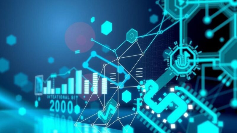 A tech-themed abstract visualization featuring AI elements and digital growth with blue and green color tones.