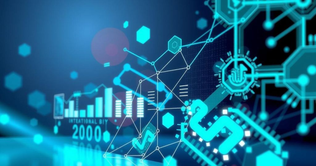 A tech-themed abstract visualization featuring AI elements and digital growth with blue and green color tones.