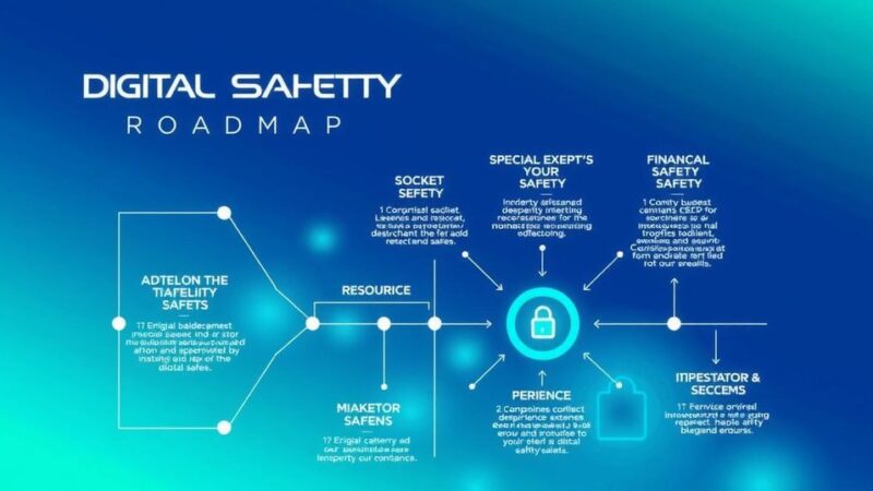 Digital safety roadmap concept, featuring a vibrant blue and green color scheme with abstract technology elements.
