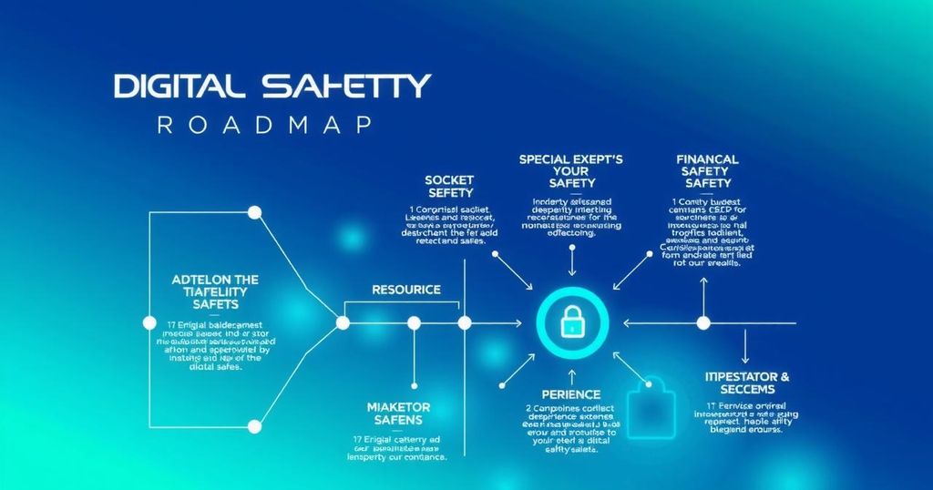 Digital safety roadmap concept, featuring a vibrant blue and green color scheme with abstract technology elements.