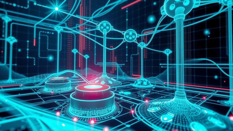 A futuristic digital interface with glowing lines and nodes, symbolizing advanced AI technology and efficiency.