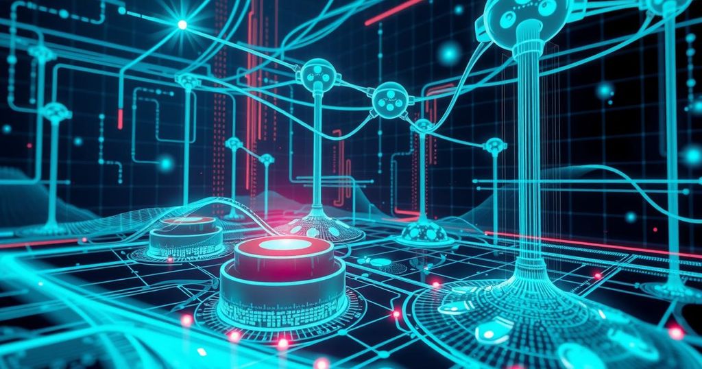 A futuristic digital interface with glowing lines and nodes, symbolizing advanced AI technology and efficiency.
