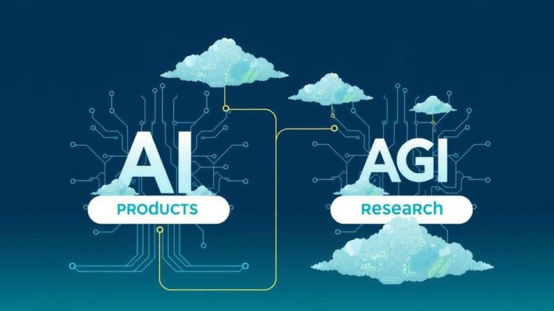 A visual representation of AI division restructuring illustrating two branches: AI Products and AGI Research, with tech elements.