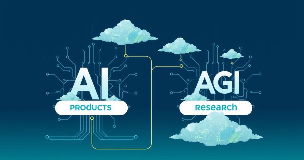 A visual representation of AI division restructuring illustrating two branches: AI Products and AGI Research, with tech elements.