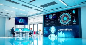 Office setting with digital screens showcasing AI technology, focusing on collaboration and employee empowerment
