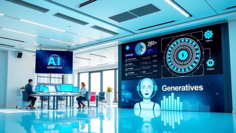 Office setting with digital screens showcasing AI technology, focusing on collaboration and employee empowerment