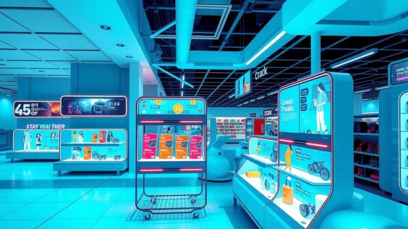 Futuristic retail scene showcasing AI technology, augmented reality displays, and cashierless checkouts in a modern store.