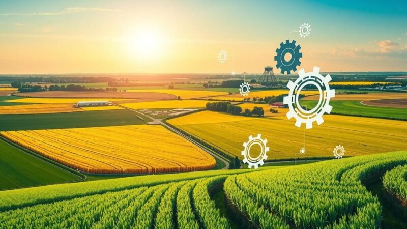 Vibrant rural landscape with agricultural fields and technology symbols, depicting innovation in education and AI.