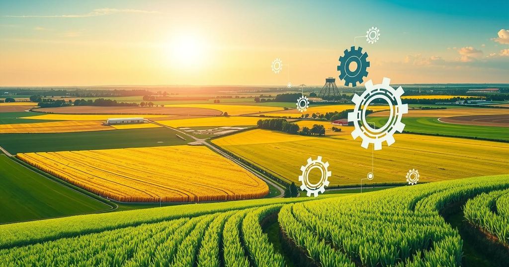 Vibrant rural landscape with agricultural fields and technology symbols, depicting innovation in education and AI.