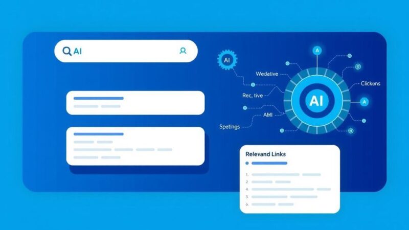 A visual of a futuristic search engine interface with AI features and a clean, modern design in soft blue and white tones.