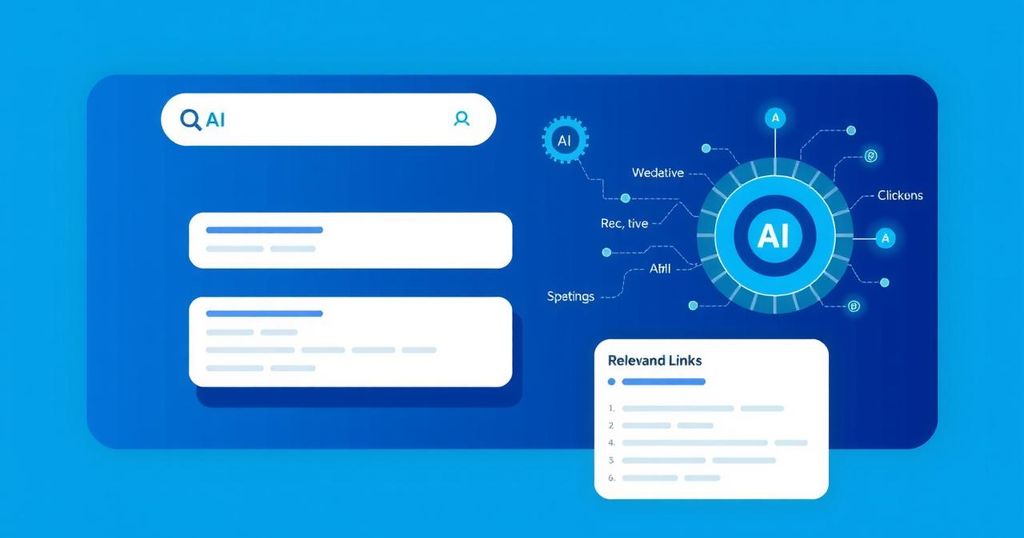 A visual of a futuristic search engine interface with AI features and a clean, modern design in soft blue and white tones.