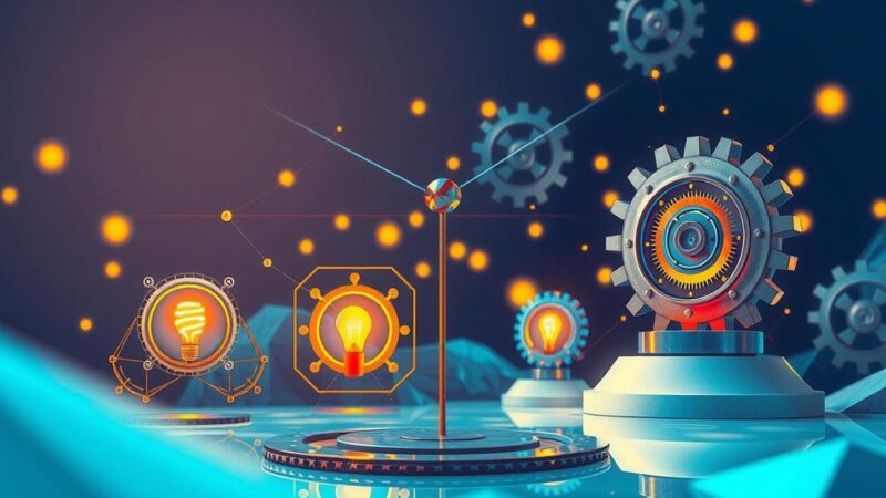 A vibrant depiction of a digital landscape showcasing AI concepts with gears and light bulbs, symbolizing innovation and growth.