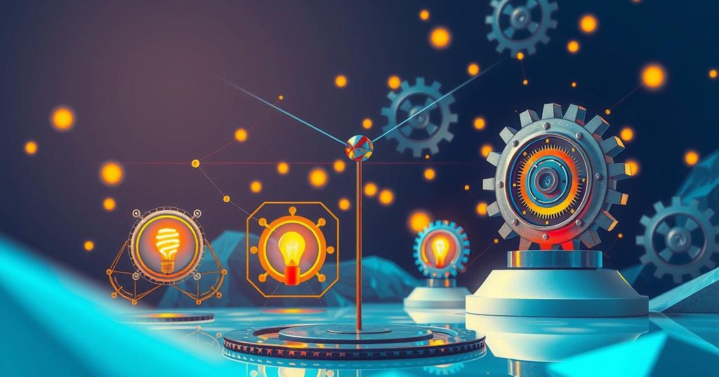 A vibrant depiction of a digital landscape showcasing AI concepts with gears and light bulbs, symbolizing innovation and growth.