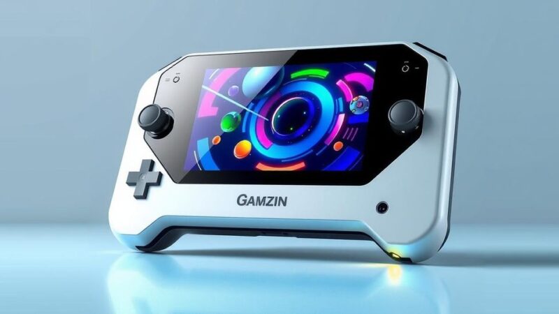 A digital art representation of a futuristic handheld gaming console with sleek design and vibrant colors, depicting graphics enhancement.