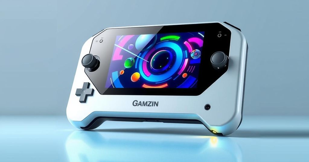 A digital art representation of a futuristic handheld gaming console with sleek design and vibrant colors, depicting graphics enhancement.