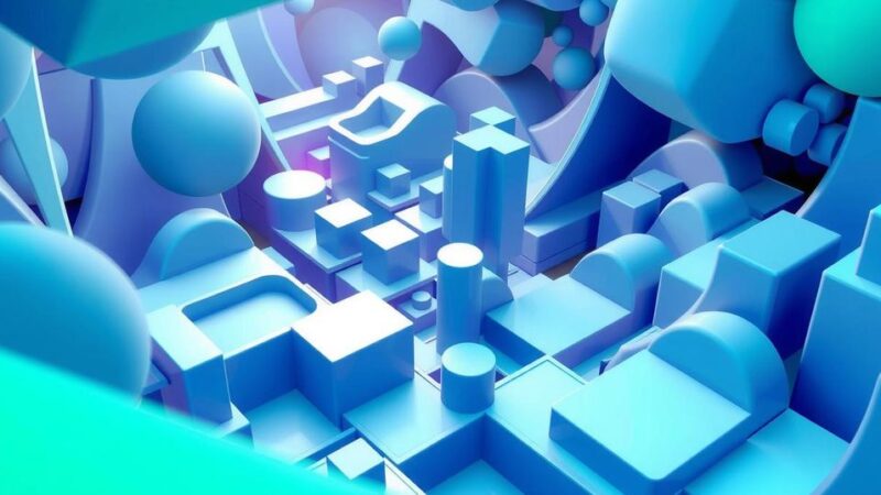 A 3D abstract representation of a digital game environment in vibrant colors, showcasing interactive elements and immersive design.