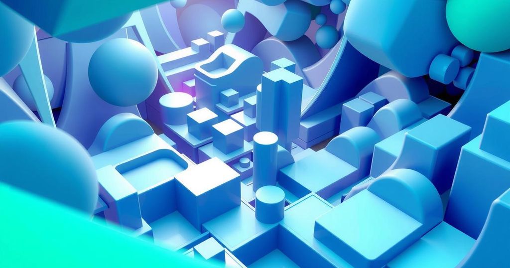 A 3D abstract representation of a digital game environment in vibrant colors, showcasing interactive elements and immersive design.
