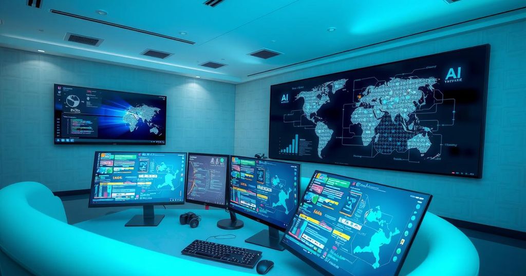 A futuristic tech support environment with AI-driven devices and networks in a modern office setting.