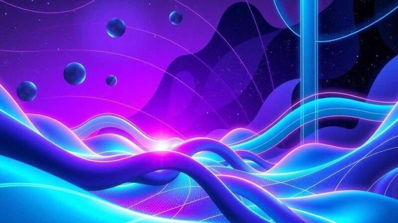 A futuristic landscape showcasing advanced quantum technology in an ICT environment with vibrant blue and purple hues.
