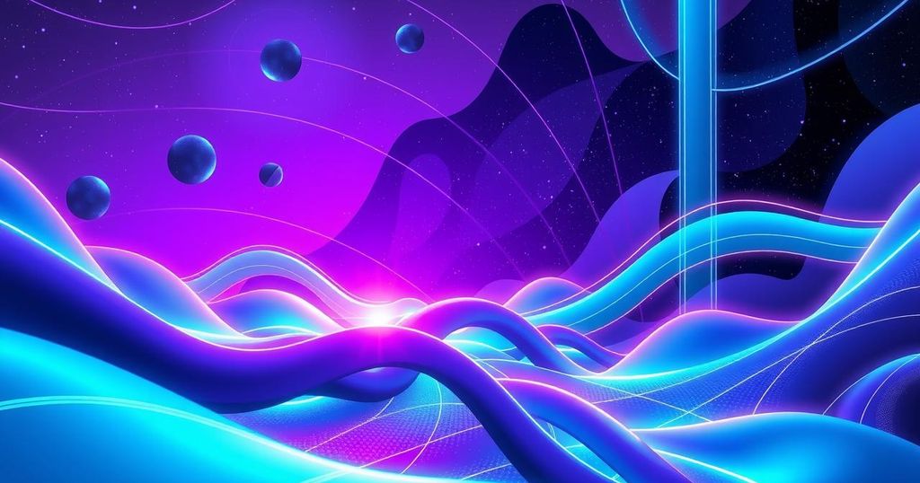 A futuristic landscape showcasing advanced quantum technology in an ICT environment with vibrant blue and purple hues.