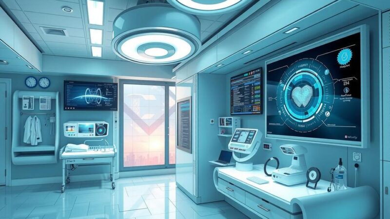 A futuristic healthcare scene depicting advanced AI technology assisting in patient care with medical tools.