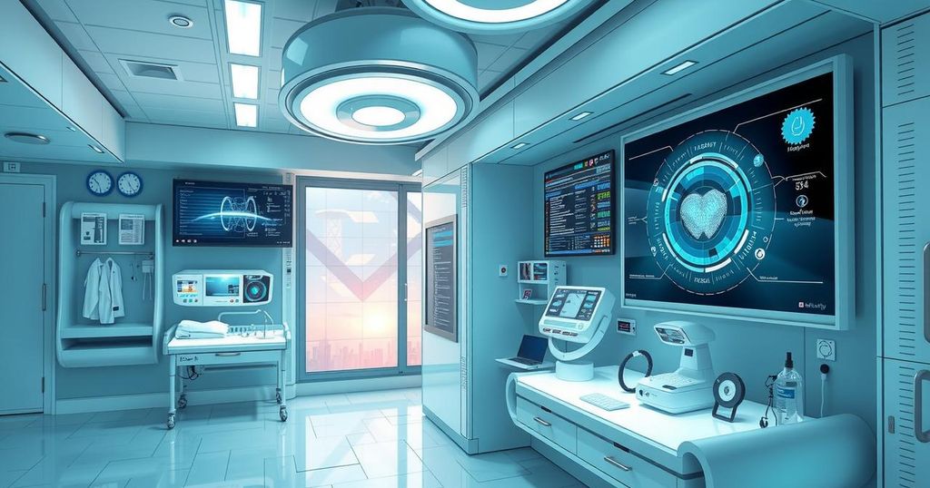 A futuristic healthcare scene depicting advanced AI technology assisting in patient care with medical tools.