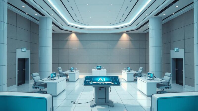 Illustration of a futuristic courtroom featuring AI technology, with sleek designs and a sophisticated color palette.