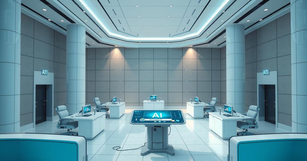 Illustration of a futuristic courtroom featuring AI technology, with sleek designs and a sophisticated color palette.