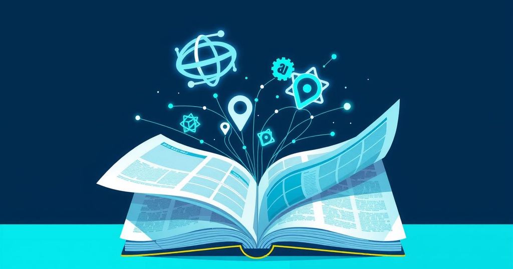 New York Times and Amazon collaboration symbolizing AI content licensing with technology elements.
