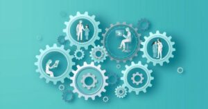 Visual of interconnected gears representing people and technology in healthcare innovation.