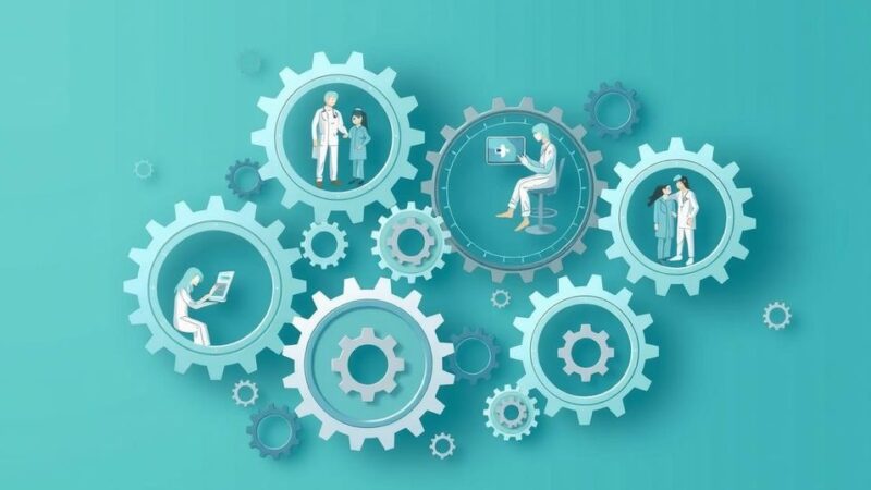 Visual of interconnected gears representing people and technology in healthcare innovation.