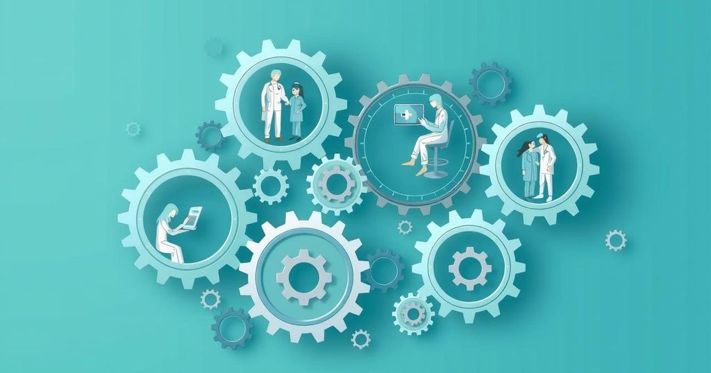 Visual of interconnected gears representing people and technology in healthcare innovation.