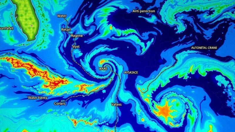 AI hurricane flood forecasting visualization with dynamic data elements and coastal landscapes in vibrant blue and green hues.