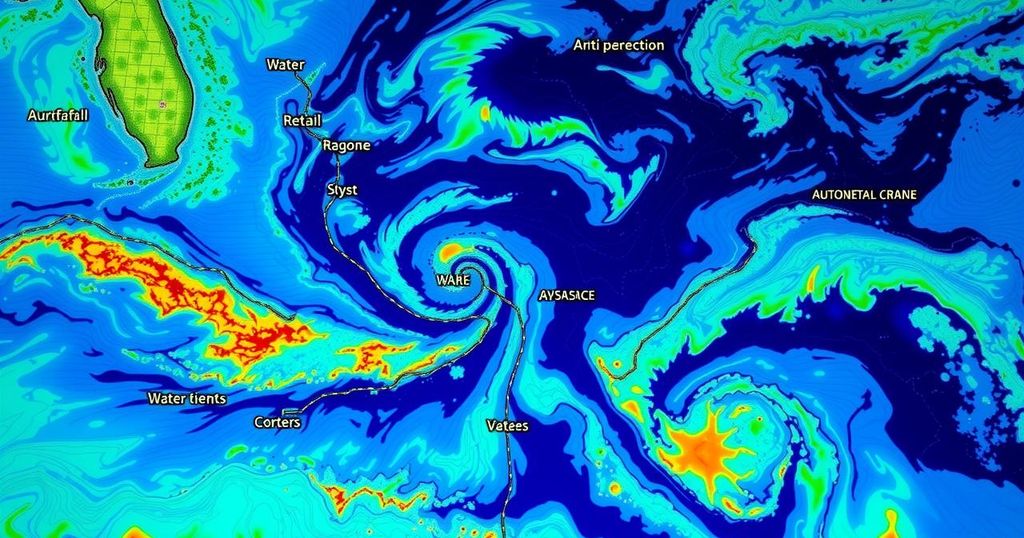 AI hurricane flood forecasting visualization with dynamic data elements and coastal landscapes in vibrant blue and green hues.