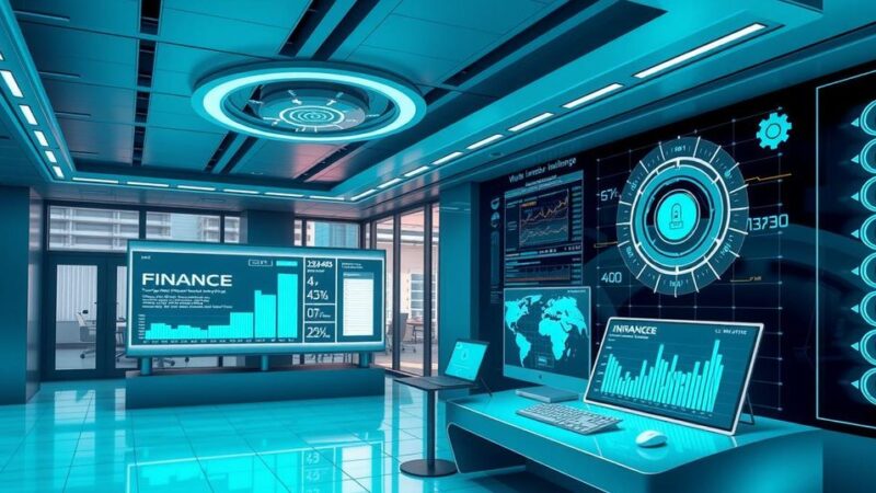 A futuristic office filled with advanced tech, AI tools, and visual analytics, displaying innovation in finance.