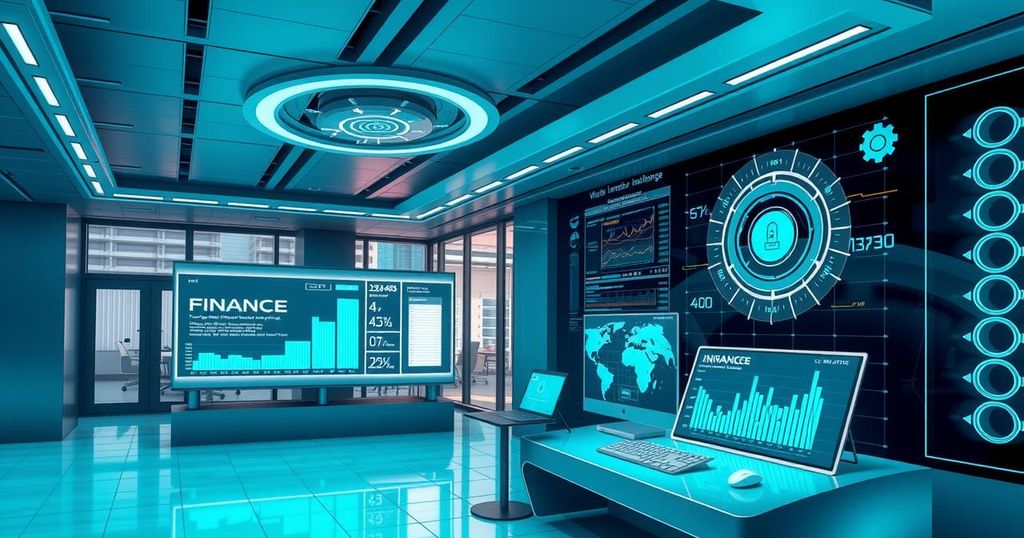 A futuristic office filled with advanced tech, AI tools, and visual analytics, displaying innovation in finance.