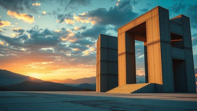 A cinematic landscape featuring abstract architectural structures inspired by brutalist design, with a moody color palette.