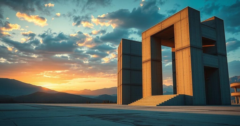 A cinematic landscape featuring abstract architectural structures inspired by brutalist design, with a moody color palette.