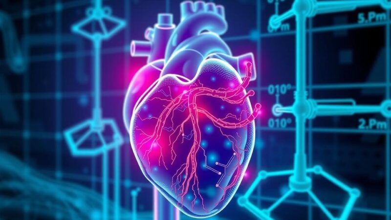AI technology for heart disease diagnosis represented by a virtual heart with glowing arteries and data overlays