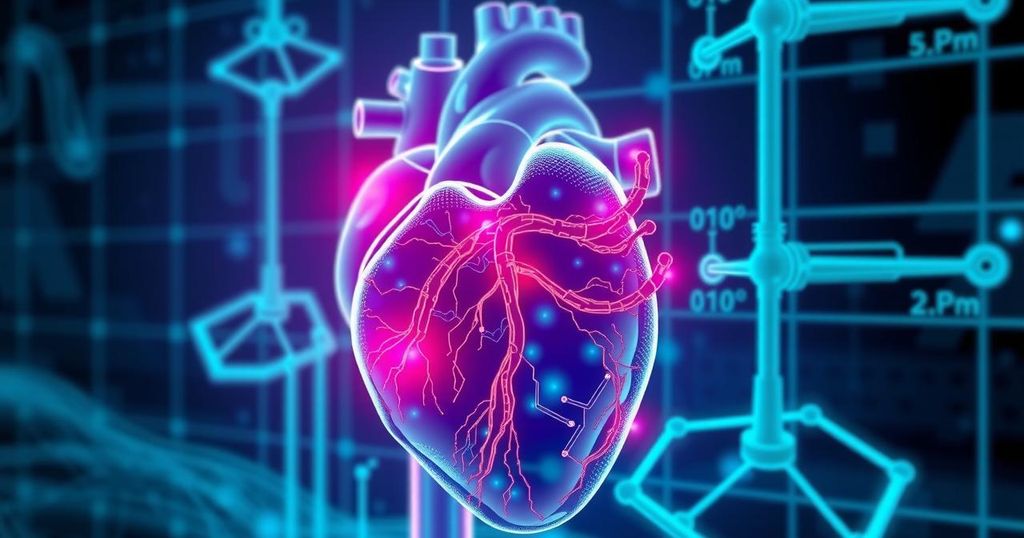 AI technology for heart disease diagnosis represented by a virtual heart with glowing arteries and data overlays