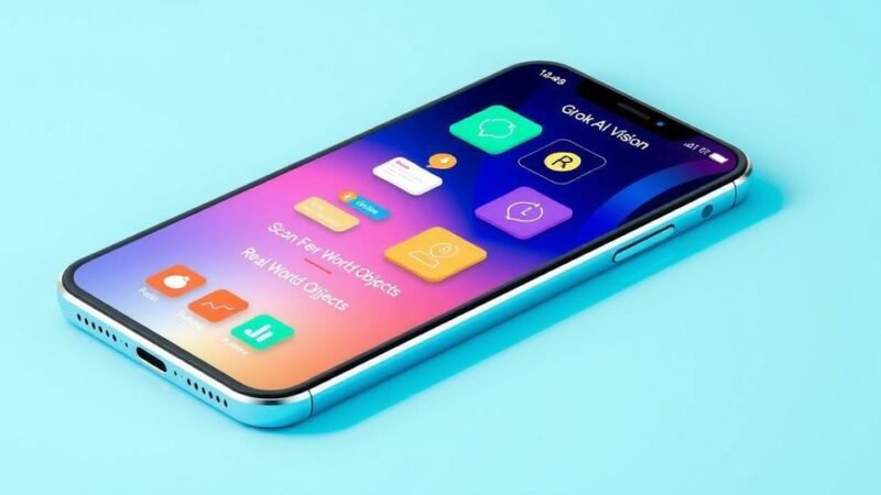 A sleek smartphone displaying a vibrant interface of Grok AI Vision with colorful icons and real-world objects being scanned.