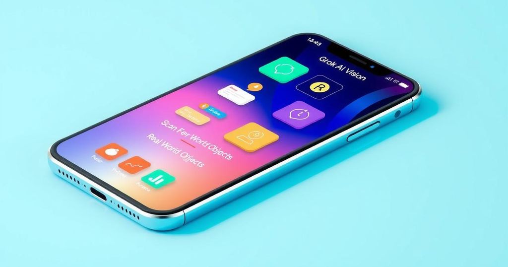A sleek smartphone displaying a vibrant interface of Grok AI Vision with colorful icons and real-world objects being scanned.