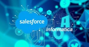 A digital illustration of Salesforce and Informatica logos merging with data patterns and AI symbols, vibrant blue and green colors.