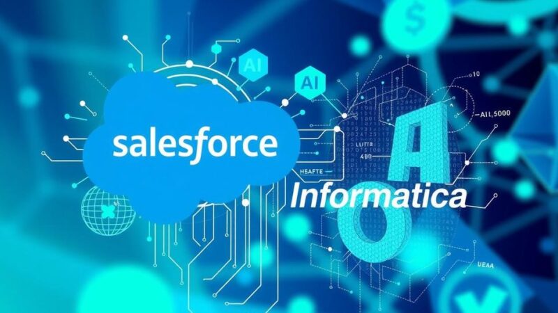 A digital illustration of Salesforce and Informatica logos merging with data patterns and AI symbols, vibrant blue and green colors.
